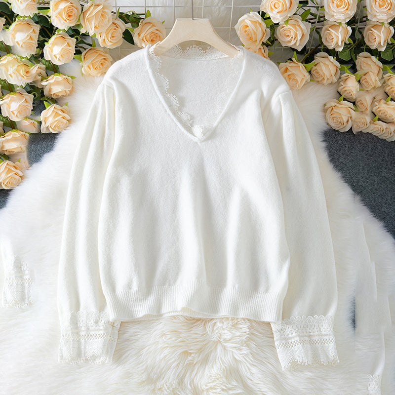 Women's V-Neck Lace Trim Sweater – Long Sleeve Fall Pullover