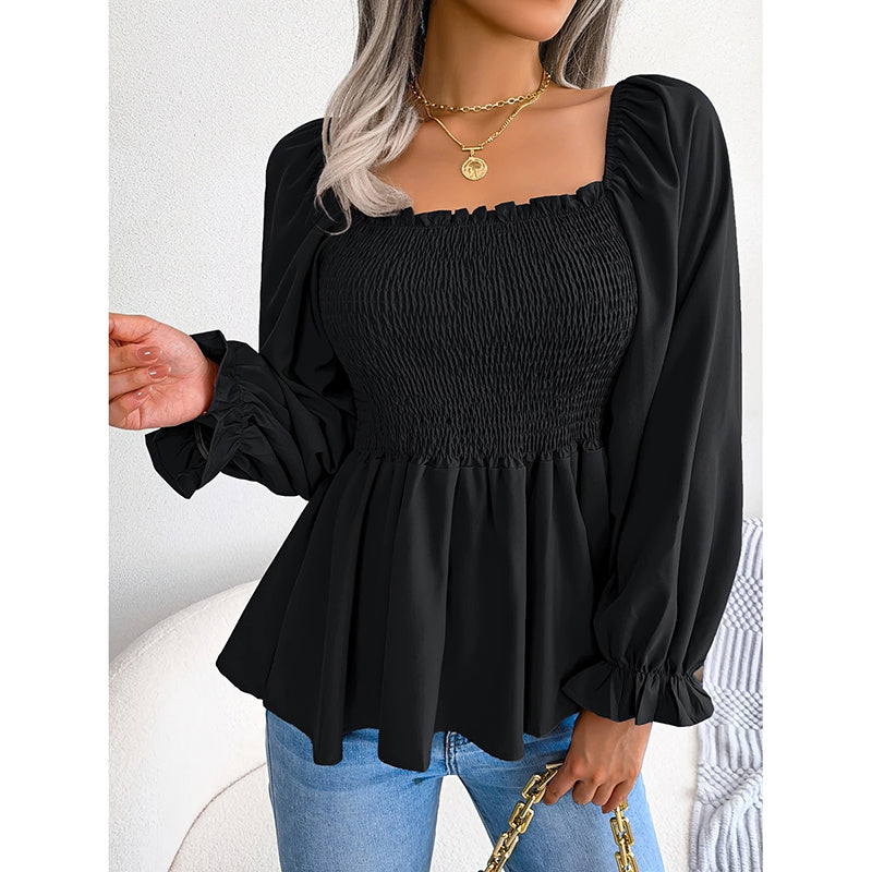 Women's Square Neck Smocked Peplum Blouse – Ruffle Trim, Long Sleeve