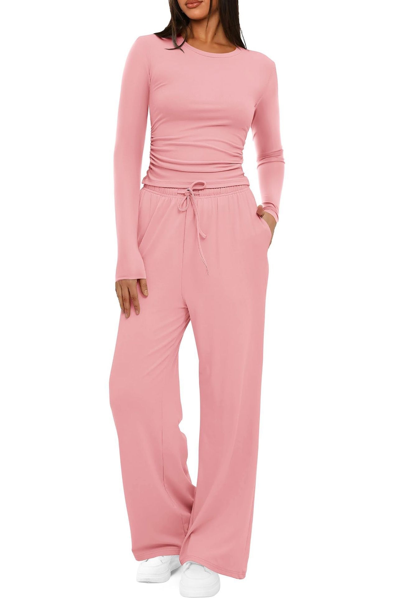 2-Piece Women's Autumn/Winter Suit – Long Sleeve Top & High-Waisted Wide-Leg Pants, Solid Color Casual Sportswear