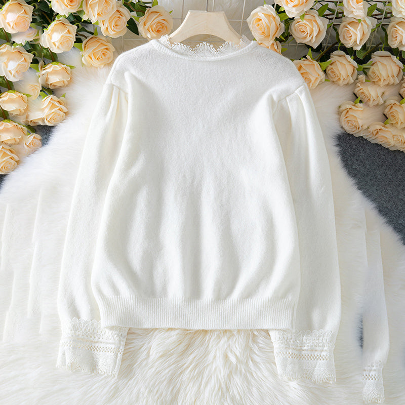 Women's V-Neck Lace Trim Sweater – Long Sleeve Fall Pullover