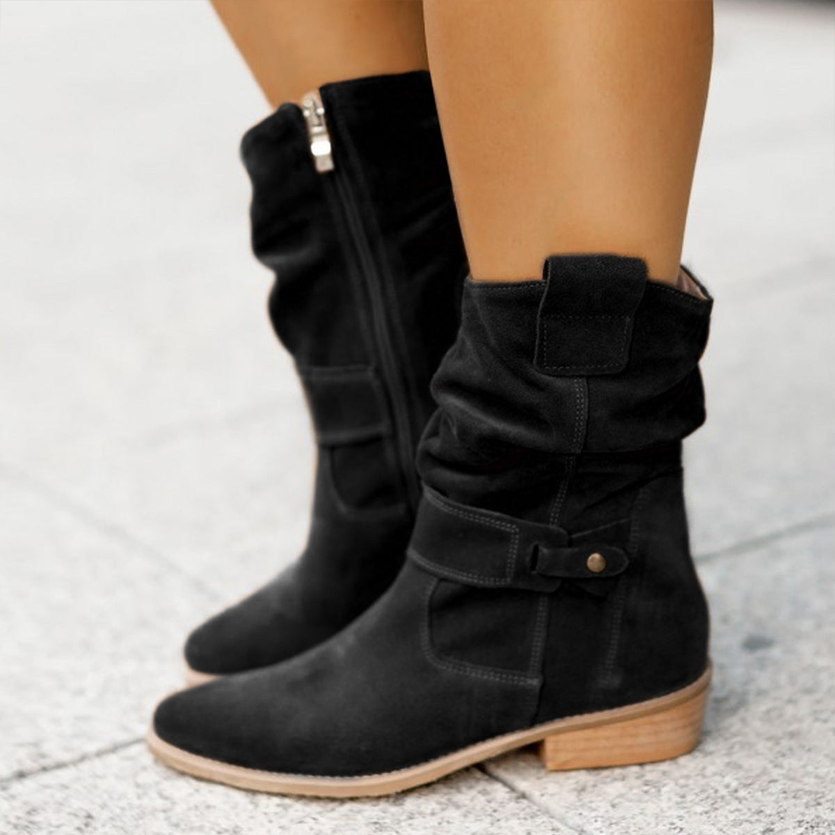 INS Pointed Toe Mid-Calf Suede Boots – Western Fashion Zipper Winter Shoes for Women