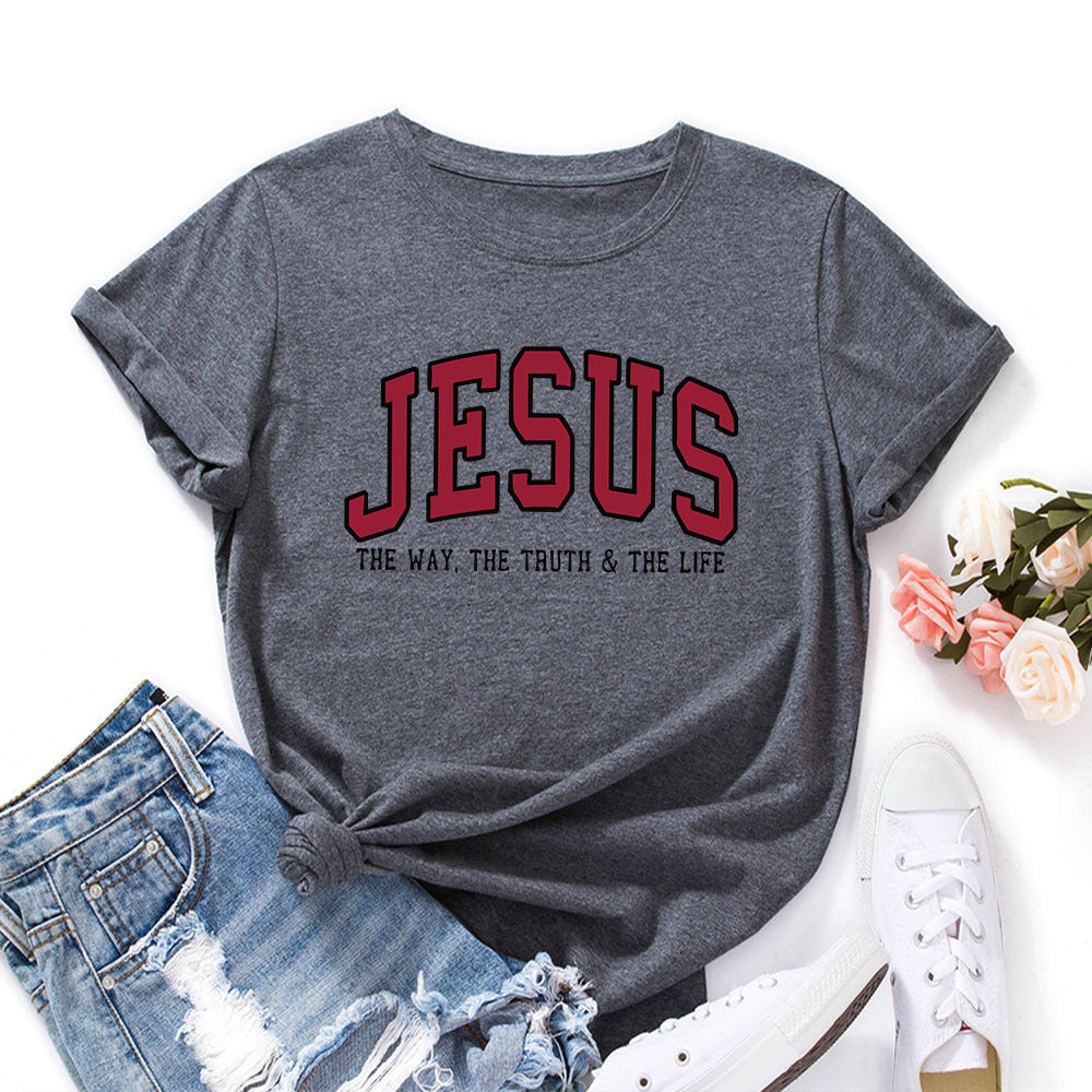 Women’s “JESUS” Printed Loose Fit Cotton T-Shirt – Casual Faith Graphic Tee