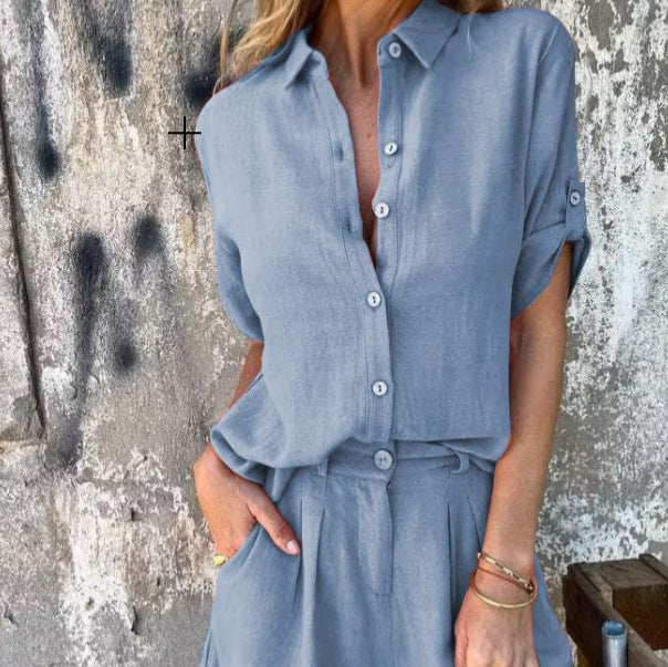 Women’s Short-Sleeve Lapel Button Shirt & Pocket Shorts Set