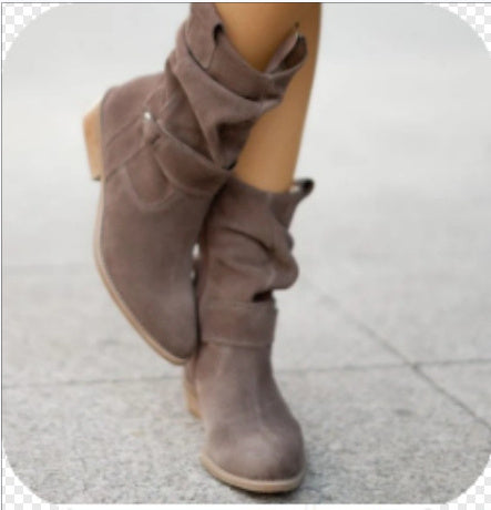 INS Pointed Toe Mid-Calf Suede Boots – Western Fashion Zipper Winter Shoes for Women