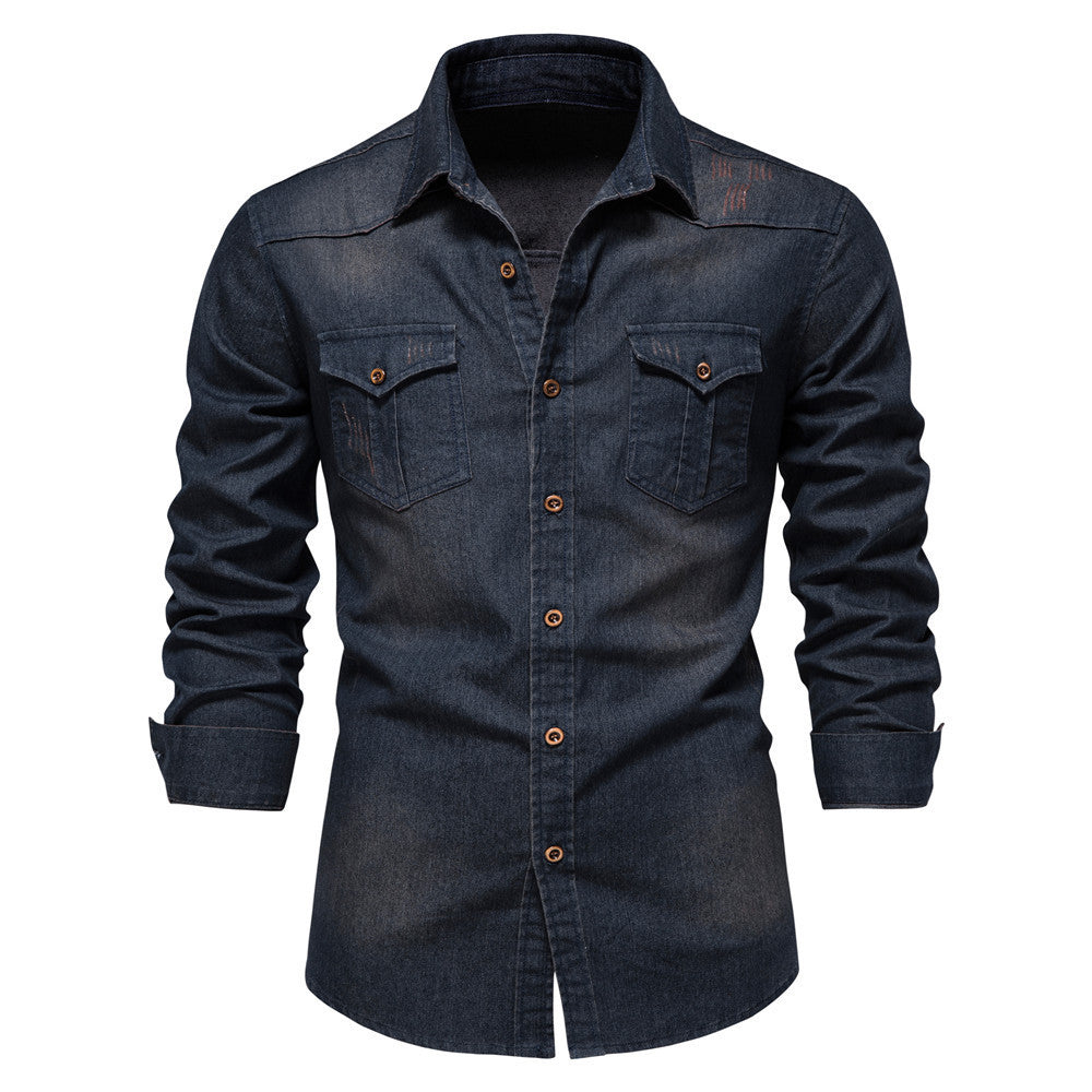 Men’s Long-Sleeved Denim Shirt – Casual Slim Fit Button-Up Top