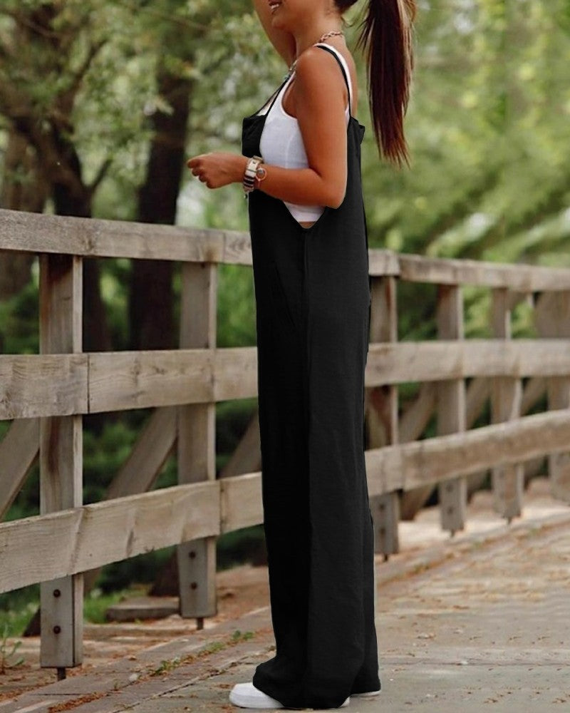 Women’s Sleeveless Jumpsuit – Loose Wide-Leg Overalls with Pockets & Adjustable Straps, Summer Beach Outfit