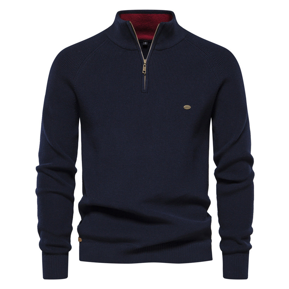 Men’s Zipper Stand Collar Knitted Sweater – Slim Fit, Solid Color, Long Sleeve Half-Turtleneck Top