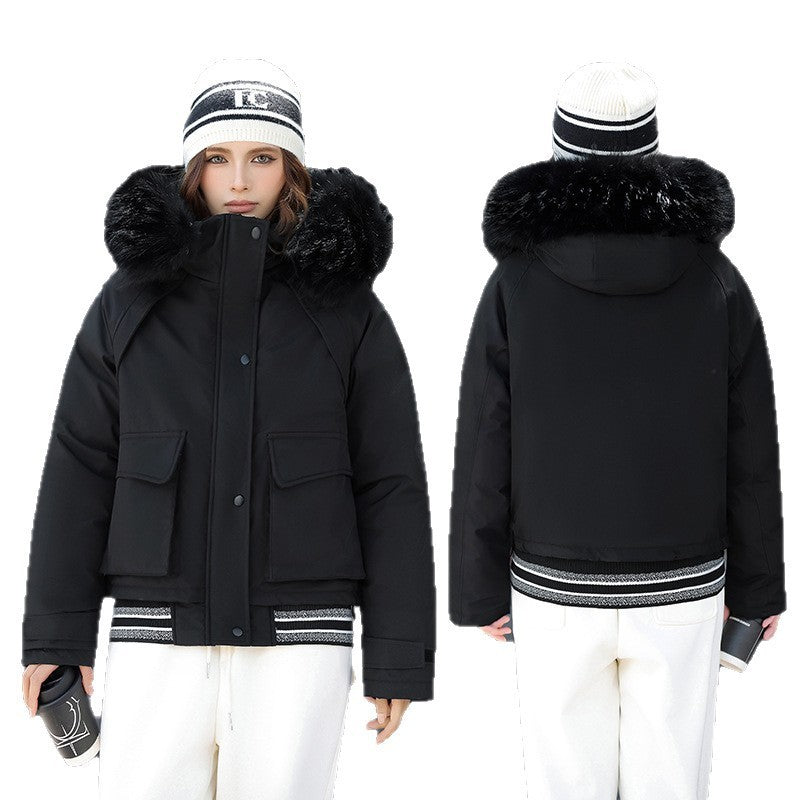 Women's Russian-Style Thick Cotton Coat – Big Fur Collar & Decorative Stitching