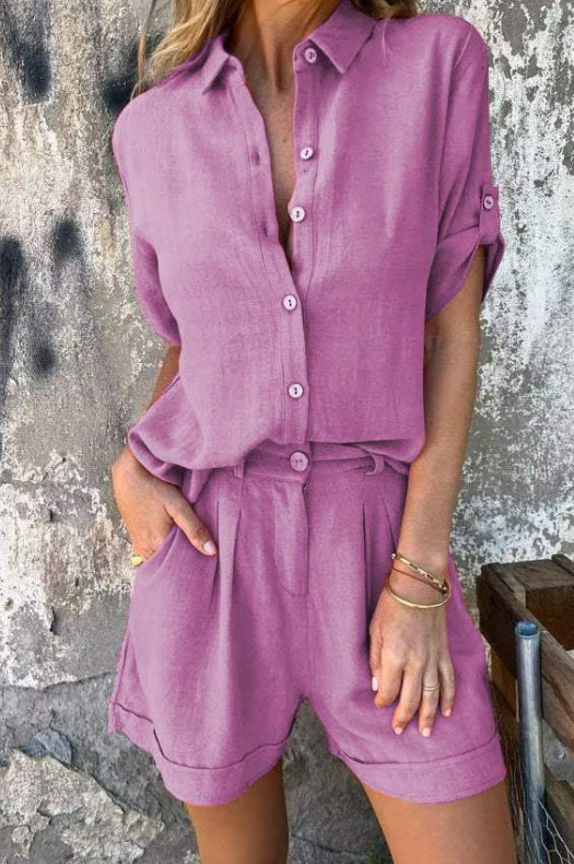 Women’s Short-Sleeve Lapel Button Shirt & Pocket Shorts Set