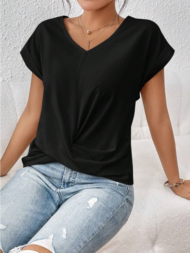 Women’s Irregular Knot V-Neck T-Shirt – Casual Short Sleeve Top
