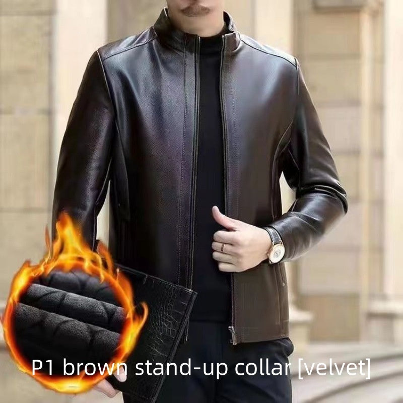 Men's Fleece-Lined Leather Jacket with Stand Collar