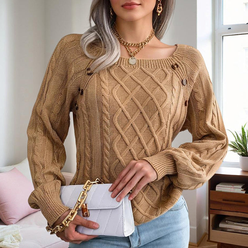 Cozy Ribbed Knit Sweater with Square Neck & Button Details – Women’s Fall/Winter Top