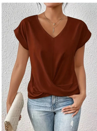 Women’s Irregular Knot V-Neck T-Shirt – Casual Short Sleeve Top