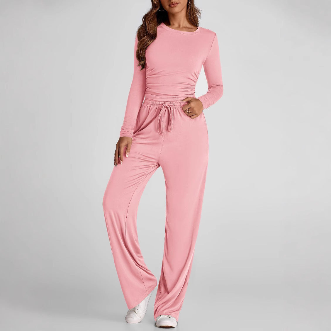 2-Piece Women's Autumn/Winter Suit – Long Sleeve Top & High-Waisted Wide-Leg Pants, Solid Color Casual Sportswear