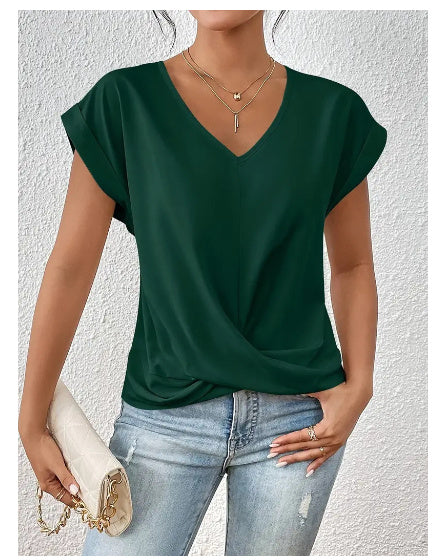 Women’s Irregular Knot V-Neck T-Shirt – Casual Short Sleeve Top