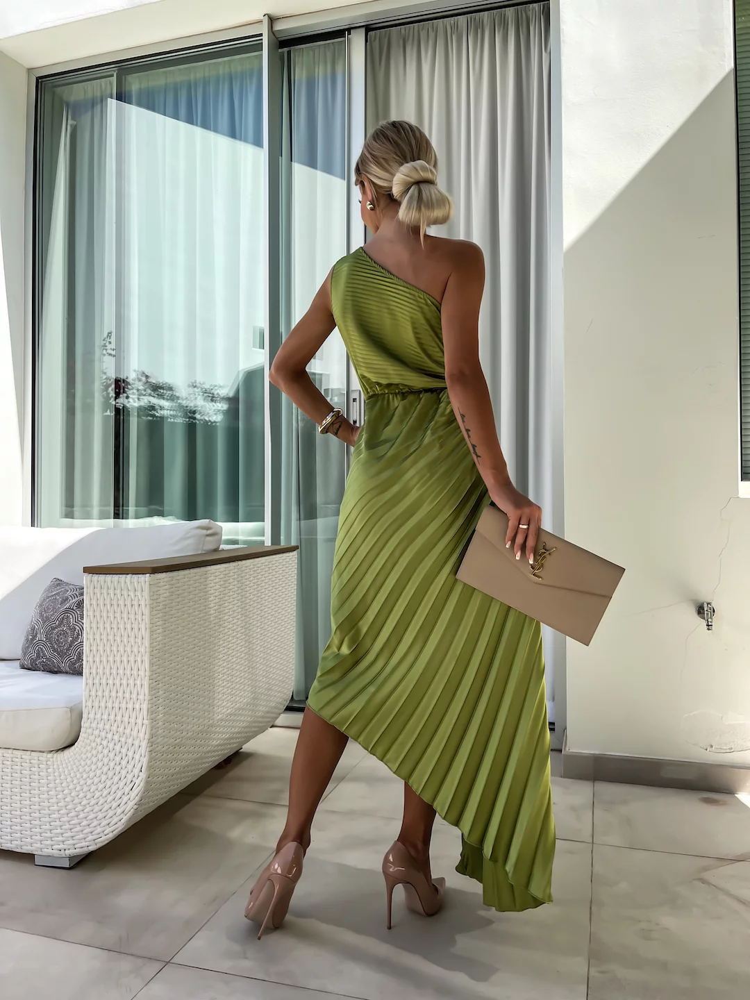 One-Shoulder Pleated Fishtail Dress with Big Rose – Sexy Evening & Party Dress for Women