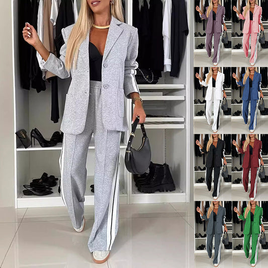 Women’s Casual Lapel Suit – Single-Breasted Jacket & Striped Straight Pants, Fashion Sports Trousers Set