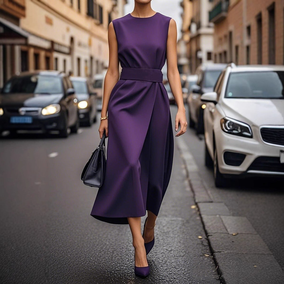 Women's Summer Sleeveless Slim Dress with Belt – Irregular Hem & Back Zipper