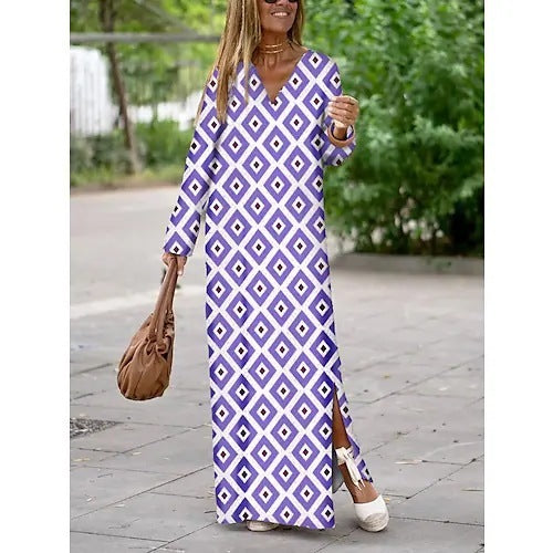 Summer Geometric V-Neck Long Sleeve Slit Dress for Women