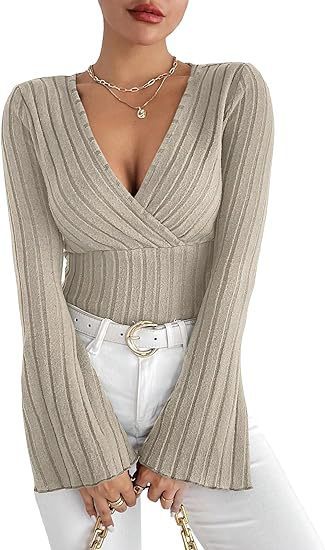 Women’s Autumn Winter Ribbed Stripe V-Neck Flared Slim-Fit Long Sleeve Top – Elegant Stylish Tee