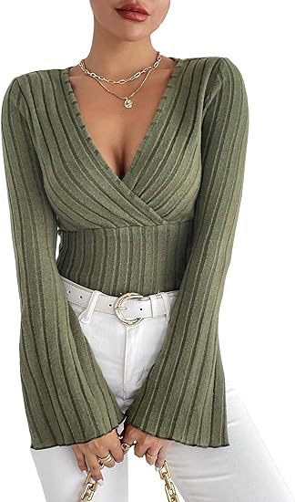 Women’s Autumn Winter Ribbed Stripe V-Neck Flared Slim-Fit Long Sleeve Top – Elegant Stylish Tee