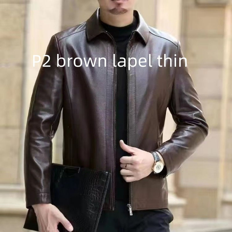 Men's Fleece-Lined Leather Jacket with Stand Collar