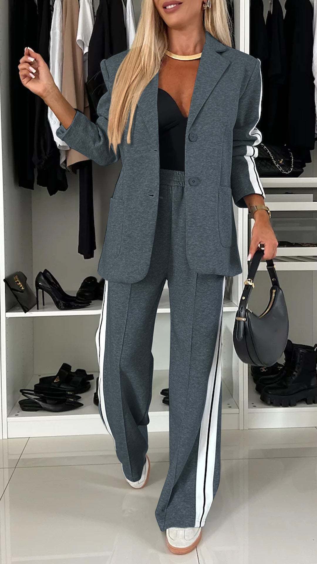 Women’s Casual Lapel Suit – Single-Breasted Jacket & Striped Straight Pants, Fashion Sports Trousers Set