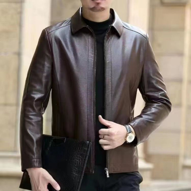 Men's Fleece-Lined Leather Jacket with Stand Collar