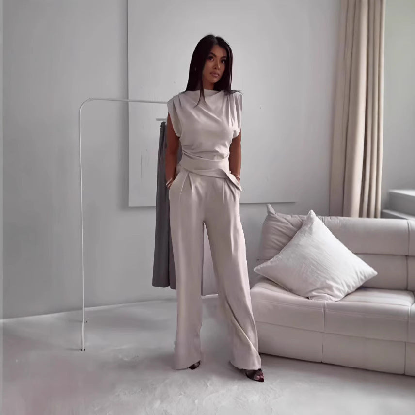 Women's Sleeveless Suit – Slim Irregular Split Top & Straight Pants Trouser Set