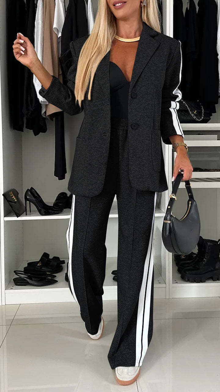 Women’s Casual Lapel Suit – Single-Breasted Jacket & Striped Straight Pants, Fashion Sports Trousers Set