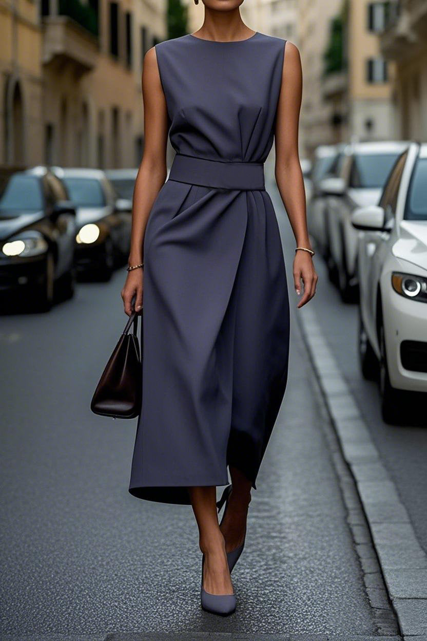 Women's Summer Sleeveless Slim Dress with Belt – Irregular Hem & Back Zipper