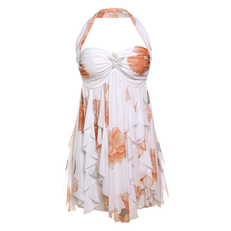 Halter Neck Backless Printed Mesh Mini Dress – Summer Club & Evening Style