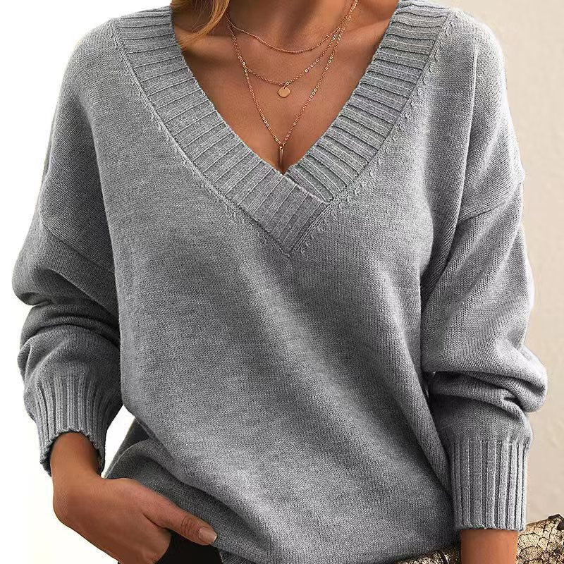 Solid V-neck Loose Knit Sweater – Fashionable Long Sleeve Autumn & Winter Top
