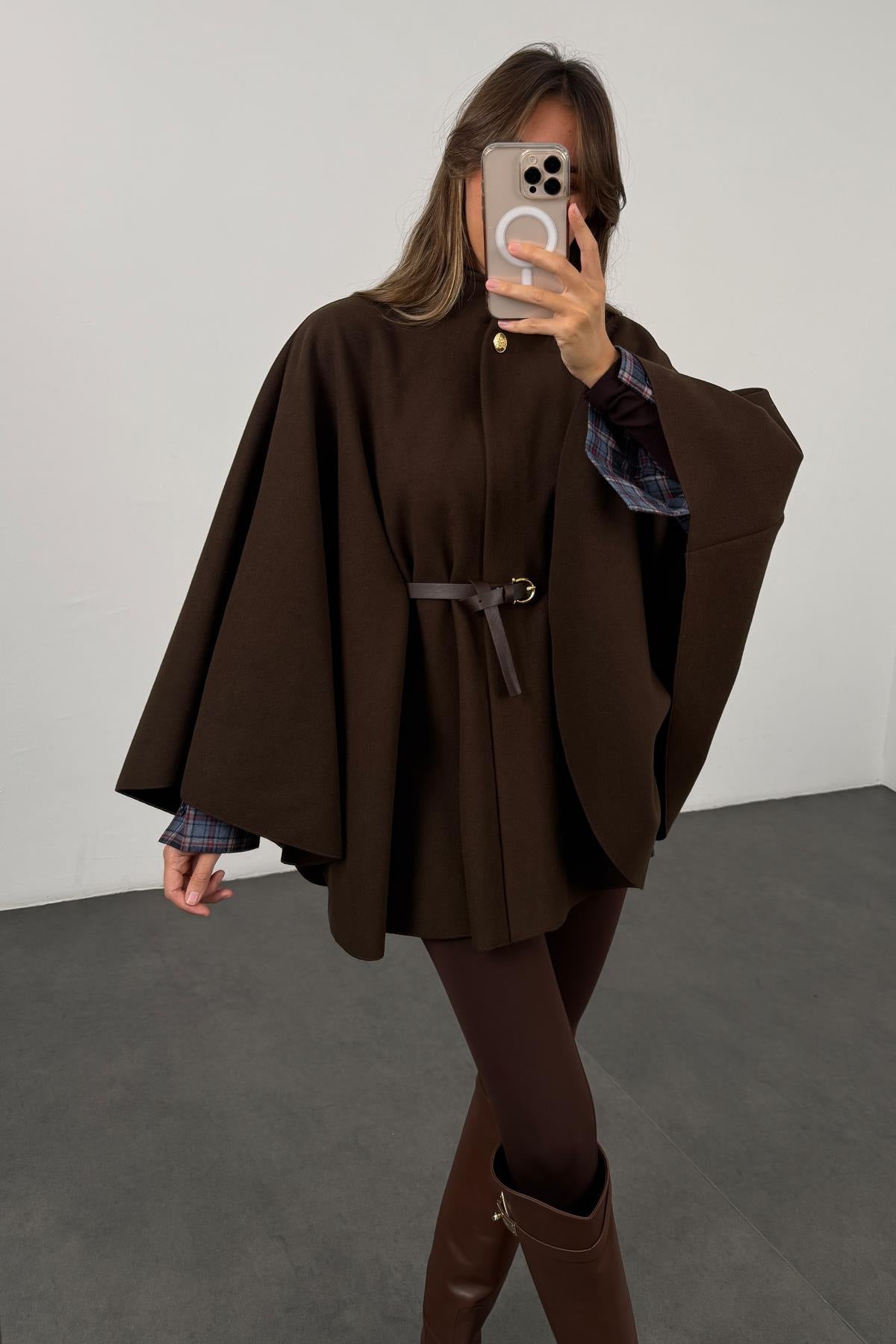Winter Elegant Woolen Cape Coat – Solid Color, Waist-Tight, Mid-Length
