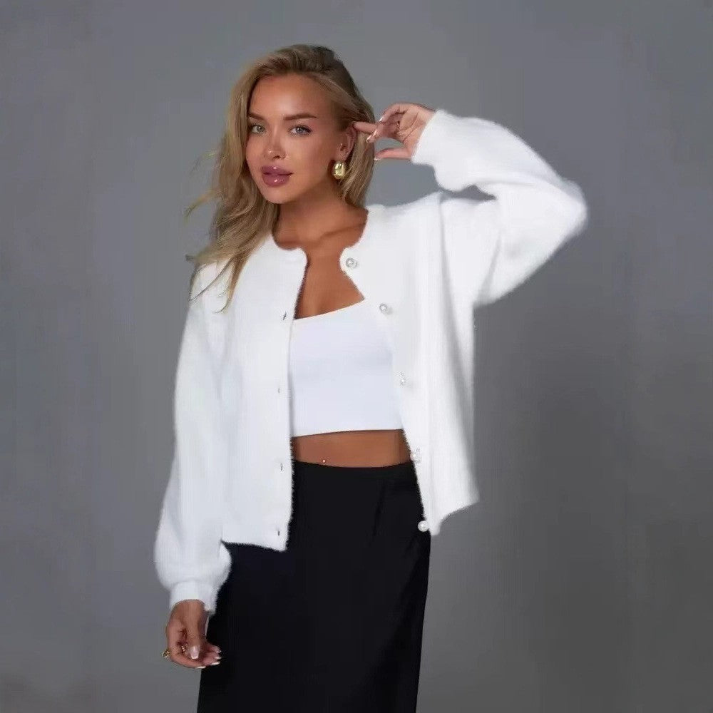 Soft Glutinous Knitted Coat – White Round Neck Long Sleeve