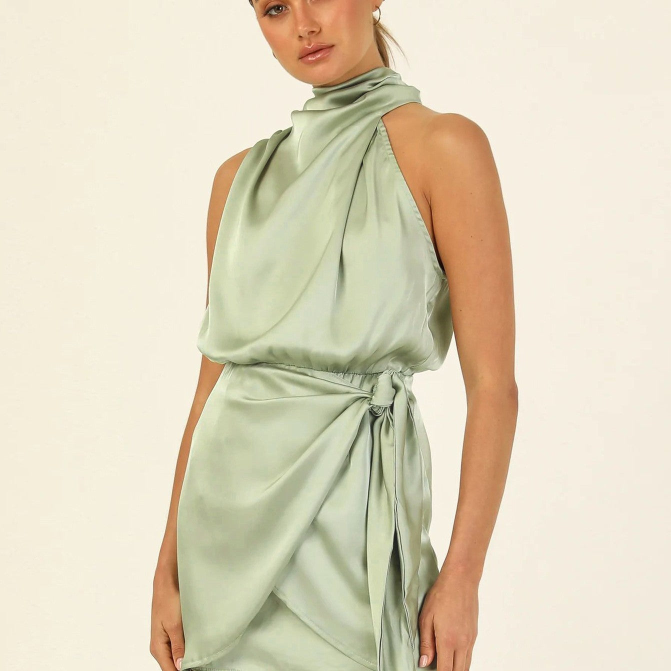 Elegant Halter Neck Sleeveless Short Dress with Waist Tie – Women's Evening Party Fashion