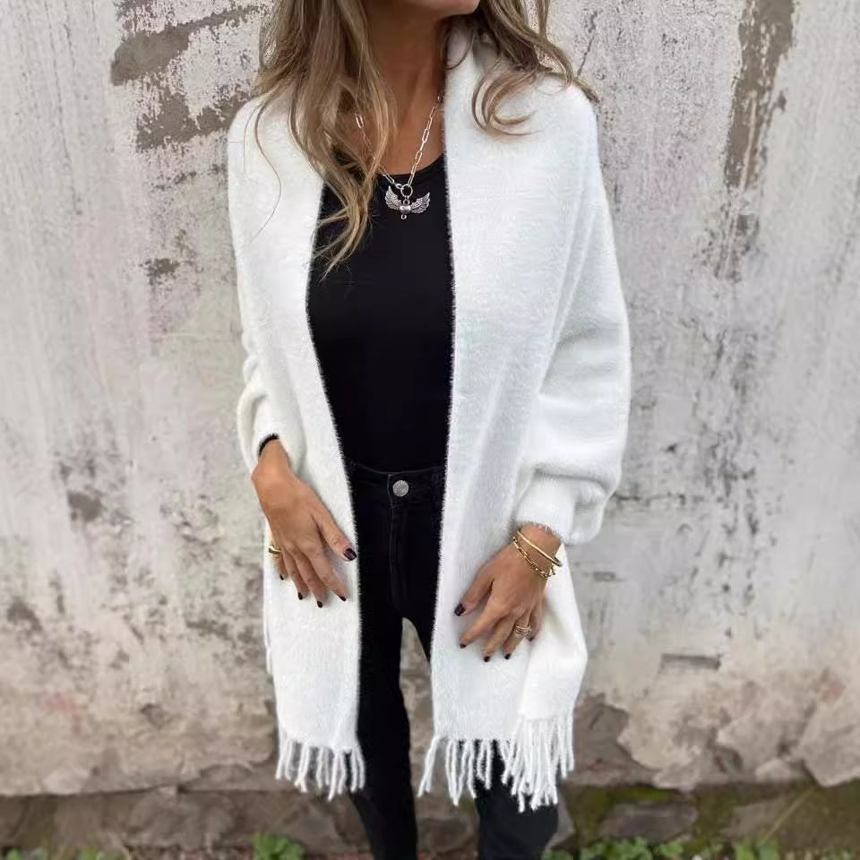 Women’s Knitted Batwing Sleeve Cardigan – Loose Tassel Shawl Outwear