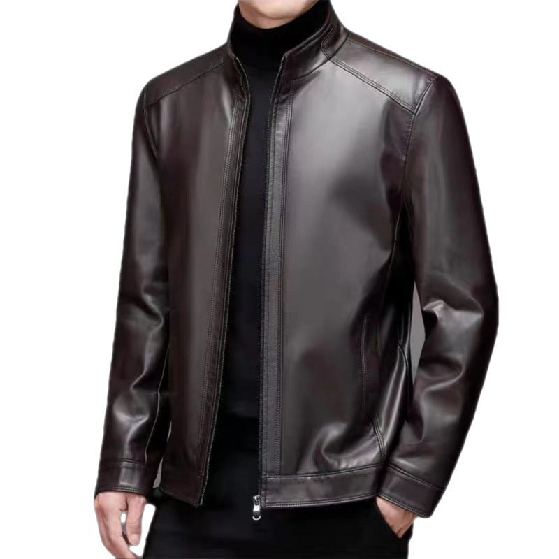 Men's Fleece-Lined Leather Jacket with Stand Collar