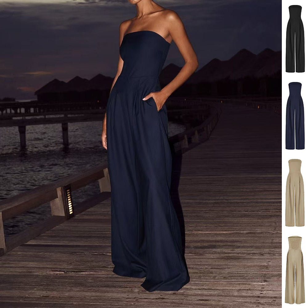 Women’s Loose Tube-Top Jumpsuit – Backless, Wide-Leg Long Pants Overalls, Fashion Summer Outfit