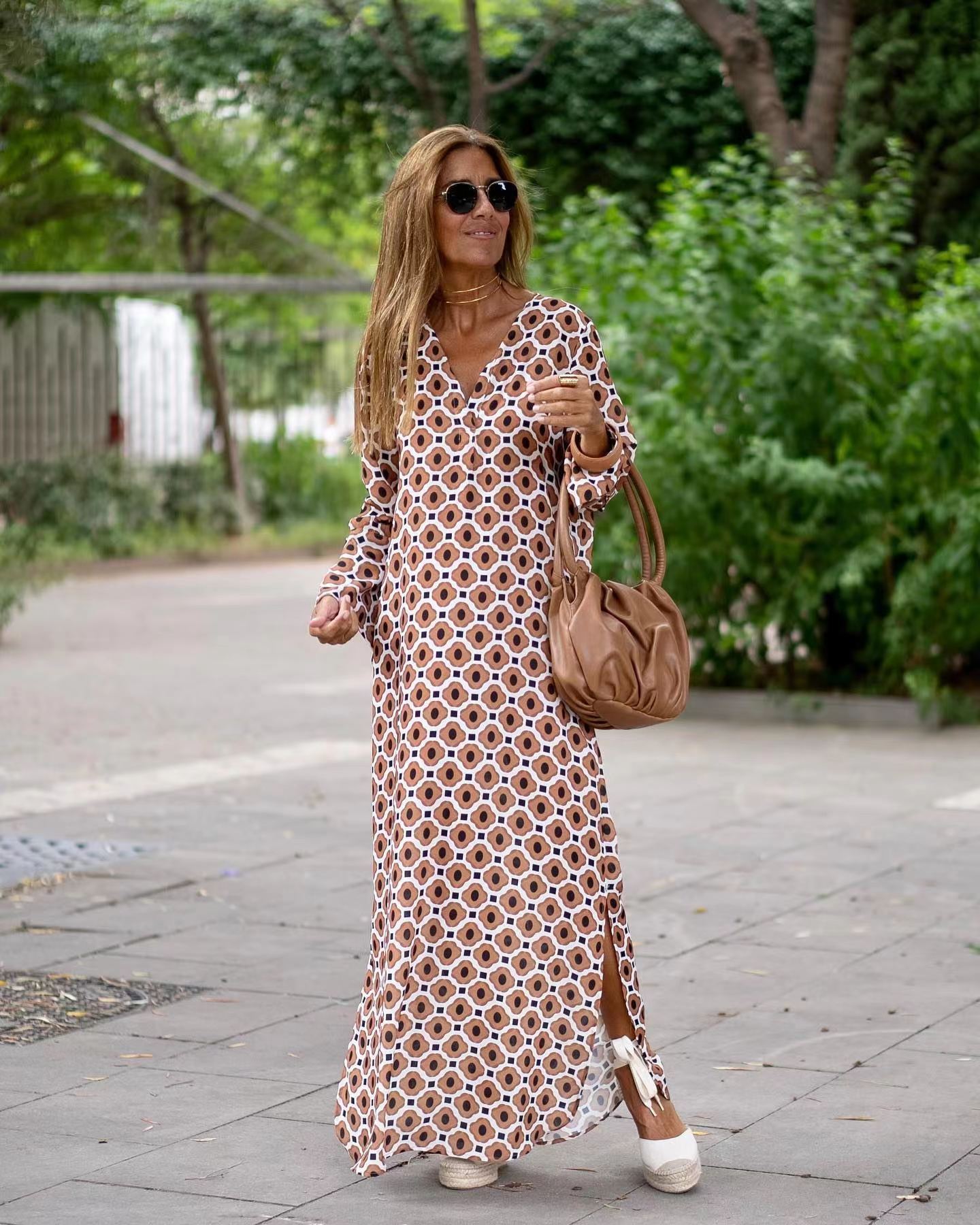 Summer Geometric V-Neck Long Sleeve Slit Dress for Women