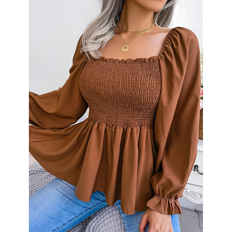 Women's Square Neck Smocked Peplum Blouse – Ruffle Trim, Long Sleeve