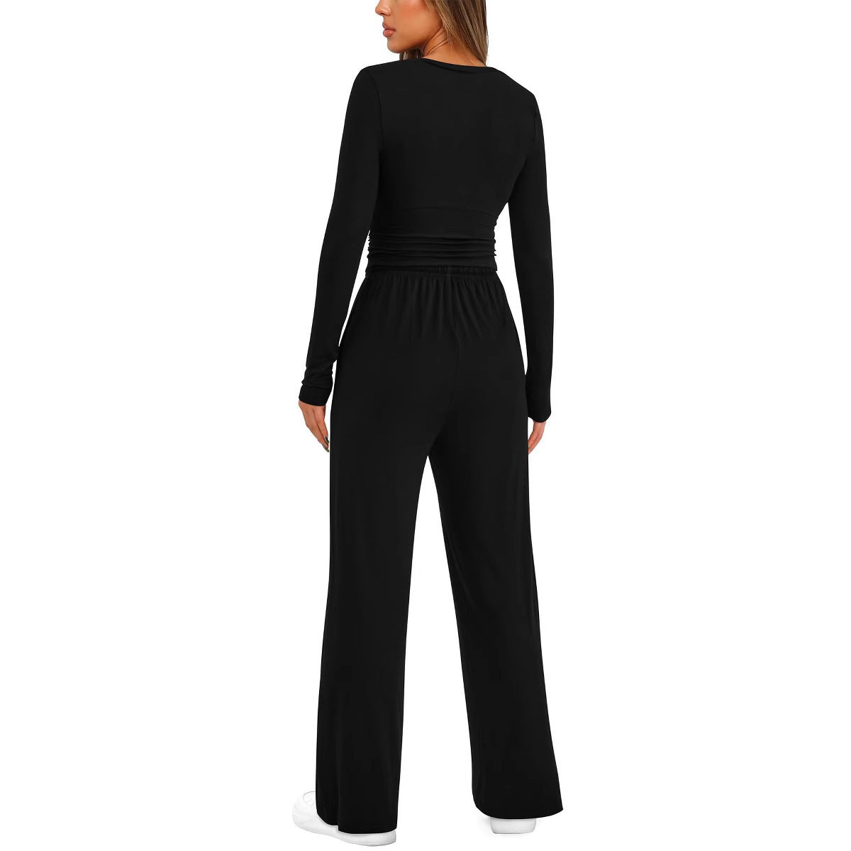 2-Piece Women's Autumn/Winter Suit – Long Sleeve Top & High-Waisted Wide-Leg Pants, Solid Color Casual Sportswear