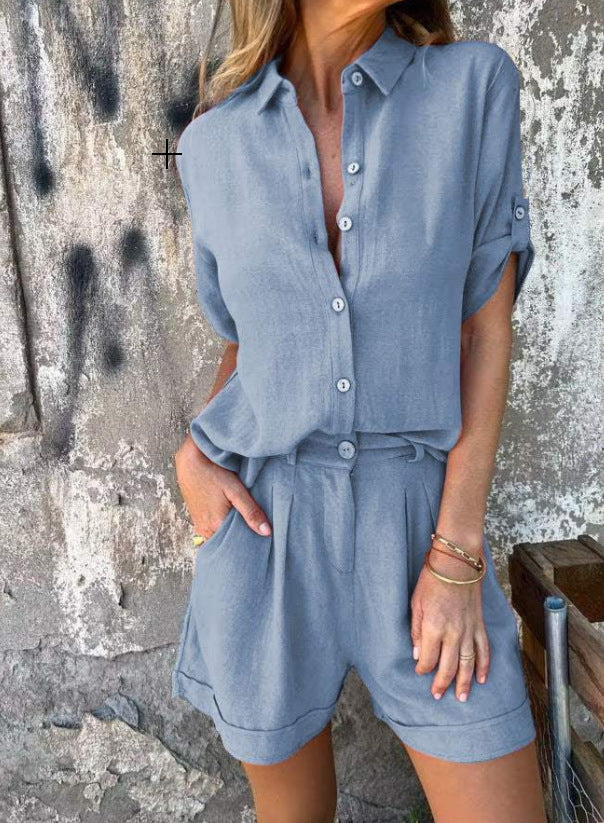Women’s Short-Sleeve Lapel Button Shirt & Pocket Shorts Set