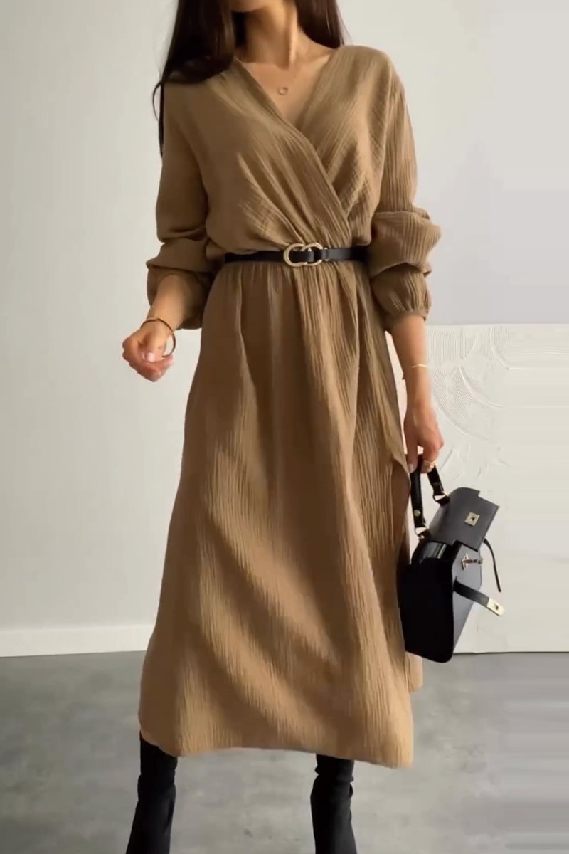 Women’s Long Sleeve Solid Color Dress with Waist Tie