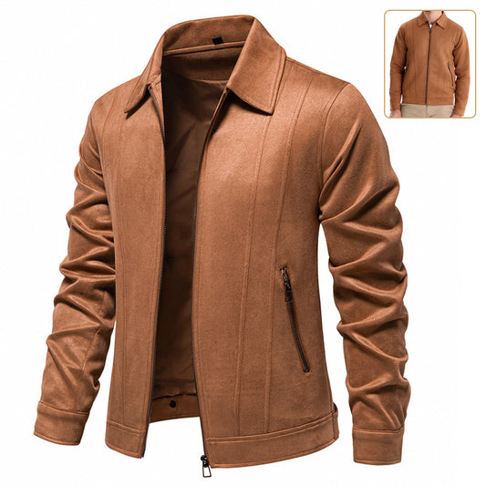 Men’s Fashion Lapel Zipper Jacket – Autumn & Winter Solid Suede Coat