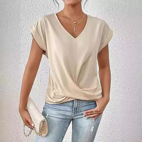 Women’s Irregular Knot V-Neck T-Shirt – Casual Short Sleeve Top