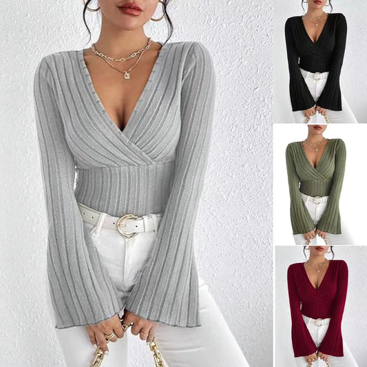 Women’s Autumn Winter Ribbed Stripe V-Neck Flared Slim-Fit Long Sleeve Top – Elegant Stylish Tee