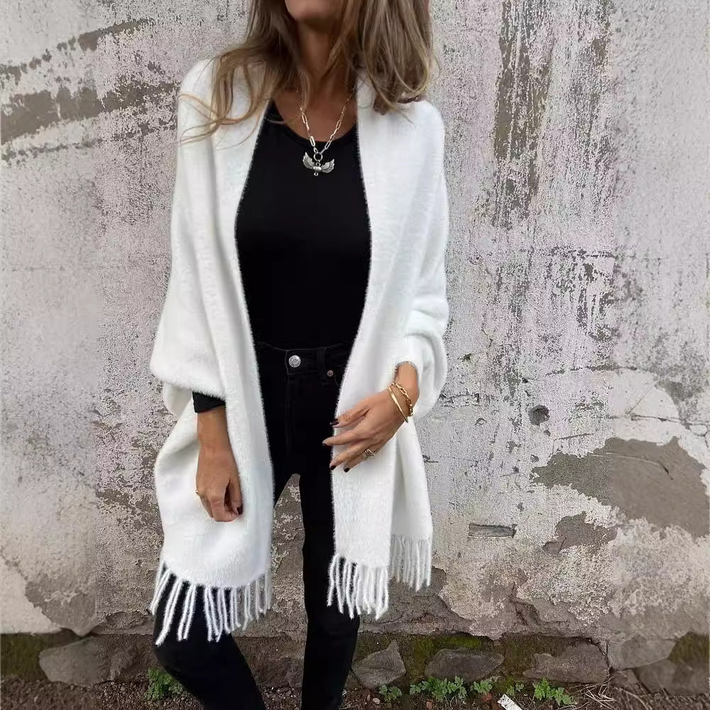 Women’s Knitted Batwing Sleeve Cardigan – Loose Tassel Shawl Outwear