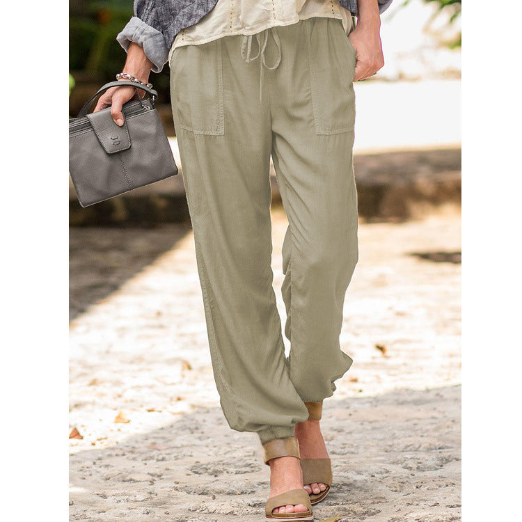 Lace-up Trousers – Cross-border Solid Color Stretch Waist Pocket Slacks