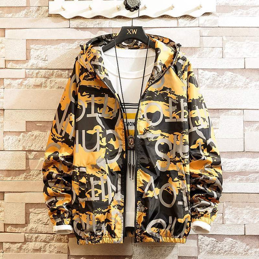Men’s Casual Streetwear Hooded Coat – Printed Design, Lightweight Urban Outerwear
